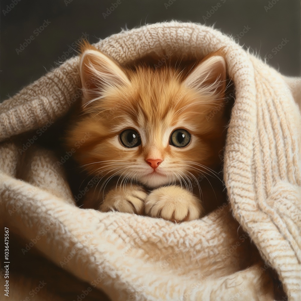 A fluffy ginger kitten peeking out from behind a cozy blanket, its curious expression and playful demeanor capturing the essence of youth A fluffy ginger kitten peeking out from behind a cozy blanket, its curious expression and playful demeanor capturing the essence of youth