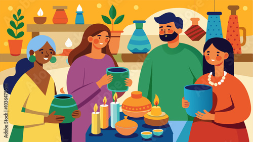 Neighbors catching up as they browse the vibrant array of handmade pottery candles and jewelry crafted by local artisans.. Vector illustration