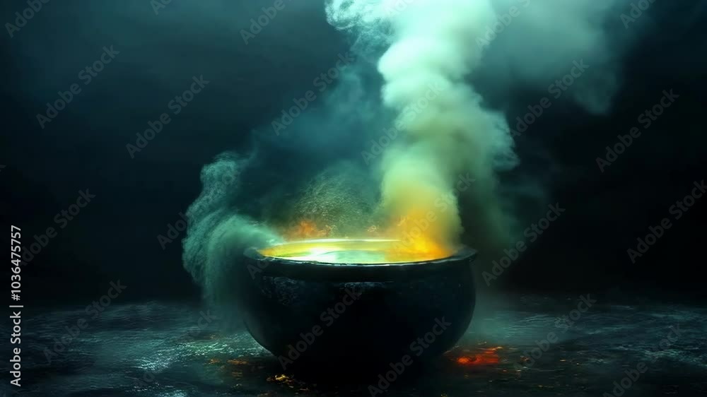 A mystical black magic cauldron isolated in the center of a dark background, creating a mysterious aura A mystical black magic cauldron isolated in the center of a dark background, creating a mysterious aura