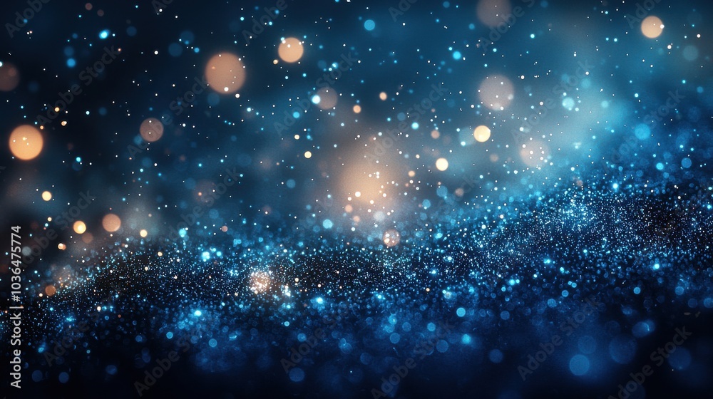 A shimmering blue and gold abstract background with sparkling particles illuminated in a dark space during the night A shimmering blue and gold abstract background with sparkling particles illuminated in a dark space during the night