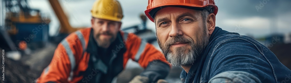Two construction workers in hard hats, one in orange and one in blue, look intently at something off camera. Two construction workers in hard hats, one in orange and one in blue, look intently at something off camera.