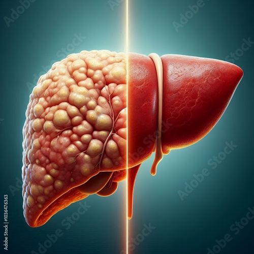 A conceptual medical illustration showing the comparison between a fatty liver and a healthy liver