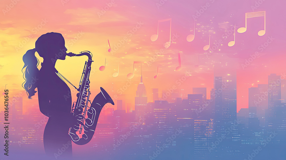 Obraz premium The person playing saxophone in the city, silhouette photo
