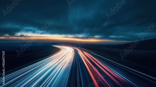 arge American-style semi-truck drives down a busy freeway under a clear blue sky