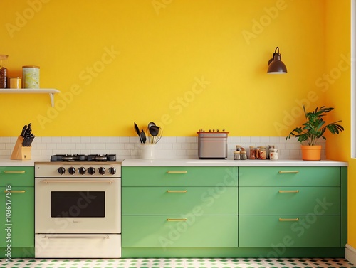 Bright and modern kitchen decor featuring green cabinets, yellow walls, and stylish appliances for a vibrant home ambiance. photo