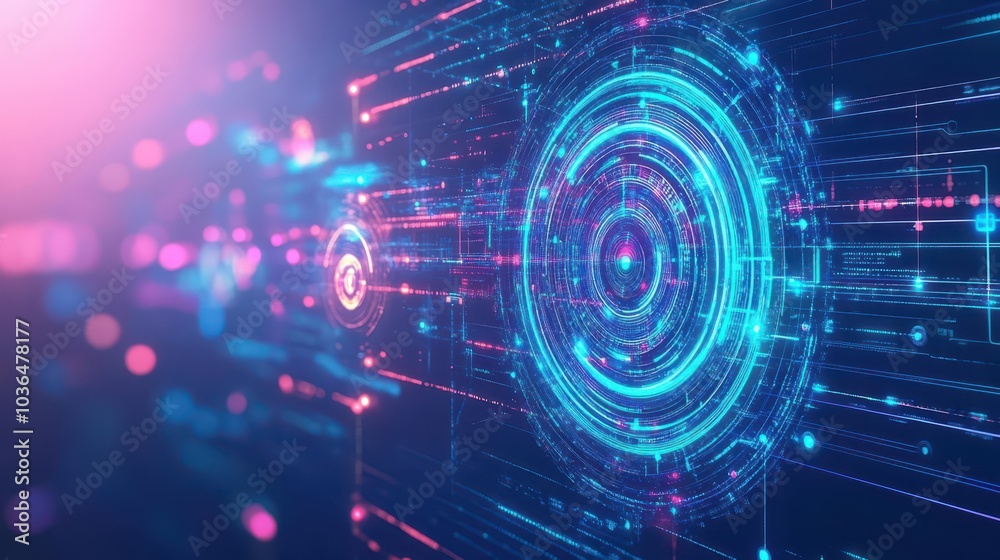 Obraz premium Glowing abstract spirals rotating around data nodes