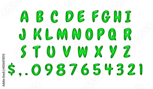 Chewy green cartoon alphabet, jelly-like numbers and symbols on a transparent background. Fun and playful font. PNG file for illustrations, designs, and creative projects.