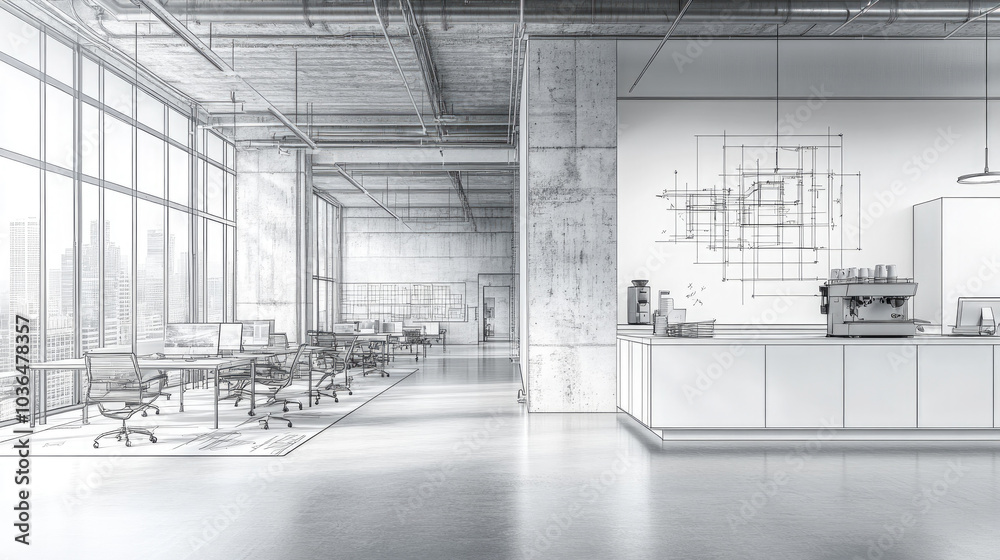 A modern office with line drawings. A modern office with line drawings.