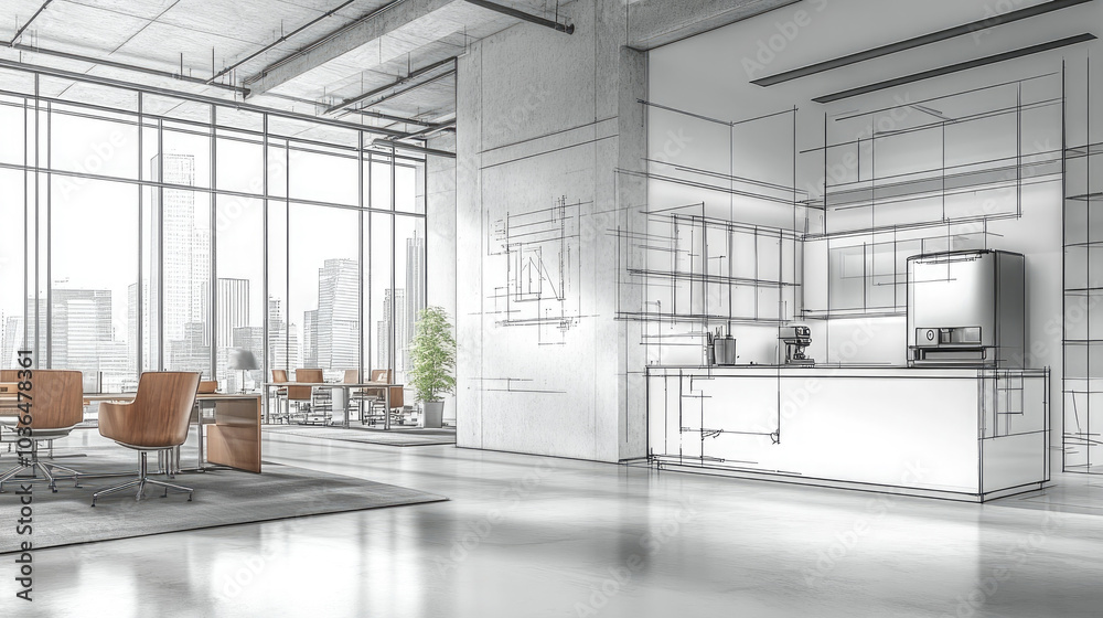 A modern office with line drawings. A modern office with line drawings.