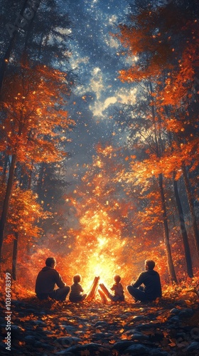 Autumn Campfire Illustration with a Starry Night Sky