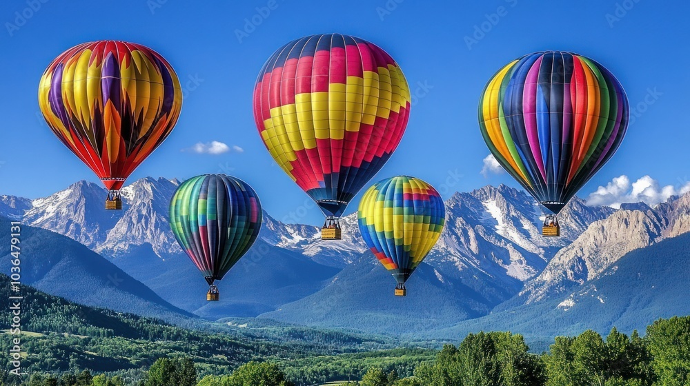 Obraz premium Five colorful hot air balloons soar over a mountain range, with blue sky and white clouds.