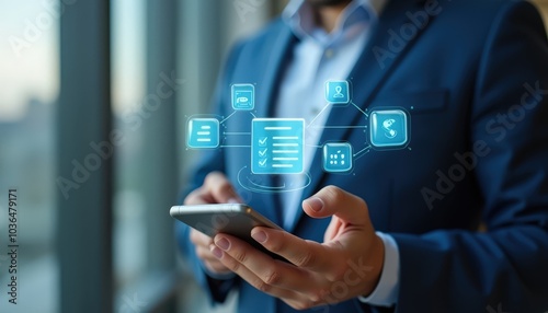 Invoice and online digital statements concept. Businessman using smartphone with invoice icons on virtual screen