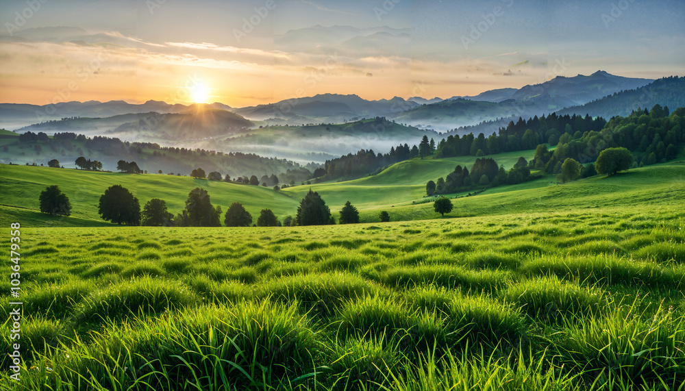 Fototapeta premium Lever de soleil sur des collines verdoyantes