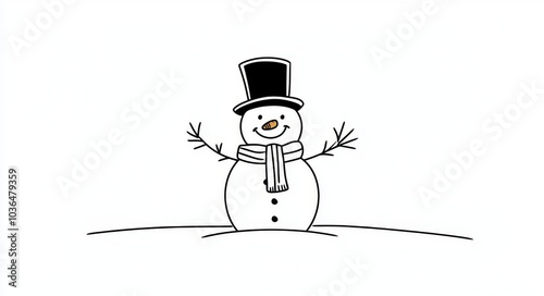 Cute winter character draw in doodle style. One line drawing of snowman with hat and scarf. Liner Modern illustration. photo