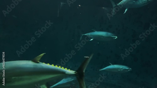水槽内を回遊するクロマグロの群れ