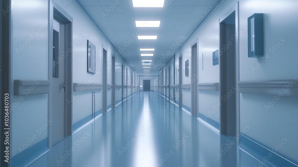 Fototapeta premium Empty operating room with clean white walls, various medical machines