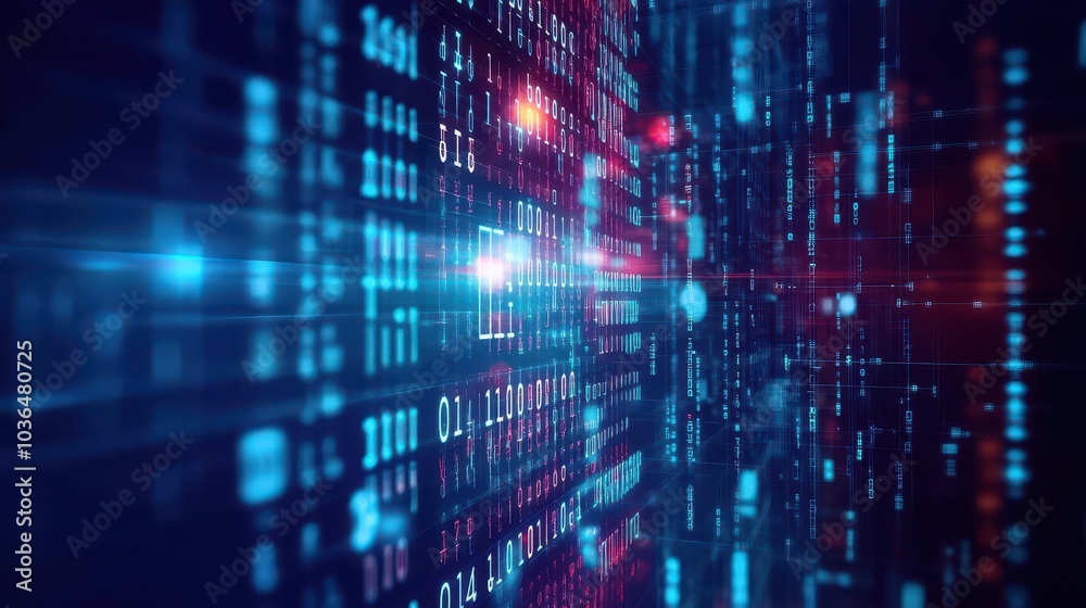 Fototapeta premium Layers of floating binary digits intertwined in a vast digital matrix, front view, showing the interconnectedness of data, advanced tone, Splitcomplementary color scheme