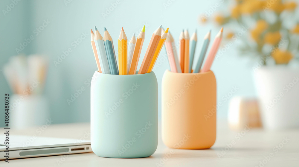 Fototapeta premium Enhance your workspace with neatly organized pastel pencils and sleek decor. Create a calm and productive environment that inspires creativity and fosters a sense of modern elegance.