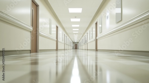 Empty operating room with clean white walls, various medical machines