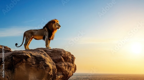 Stunning silhouette of a lion positioned on a steep cliff edge during golden hour,