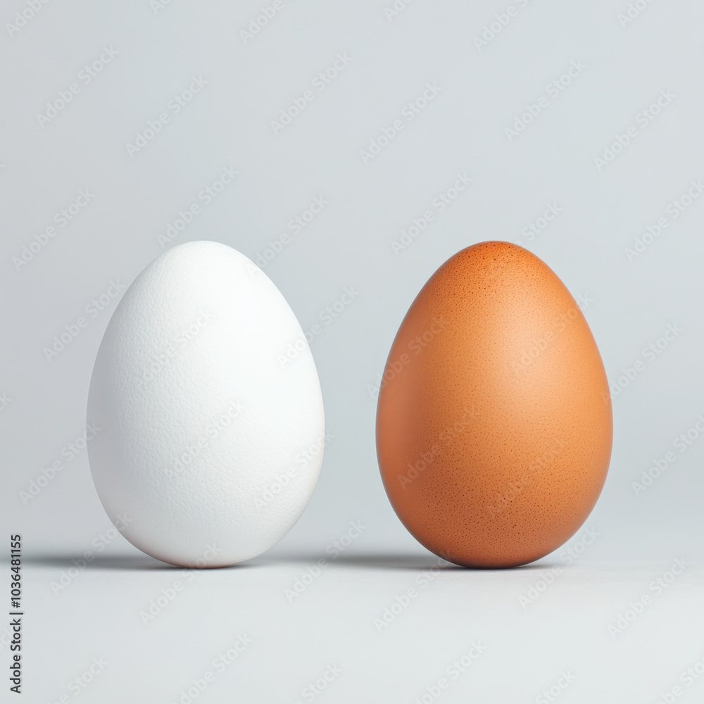 White and brown eggs side by side, showcasing their distinct colors and textures White and brown eggs side by side, showcasing their distinct colors and textures