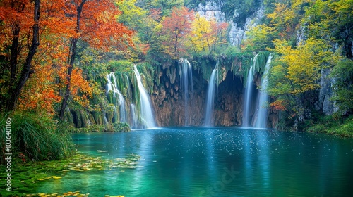 A cascading waterfall flows into a serene lake surrounded by vibrant autumn foliage.