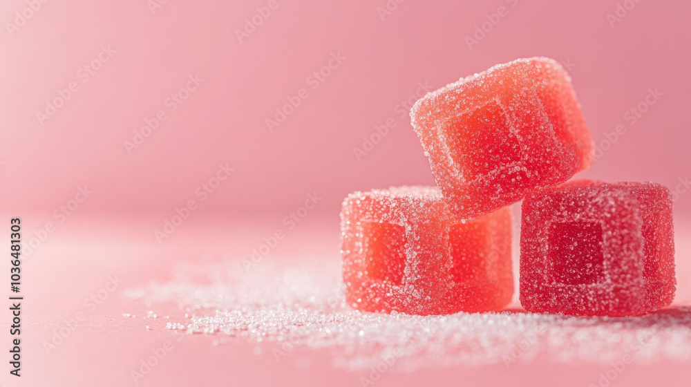 Sweet gummy candies stacked on pink background, creating delightful scene Sweet gummy candies stacked on pink background, creating delightful scene