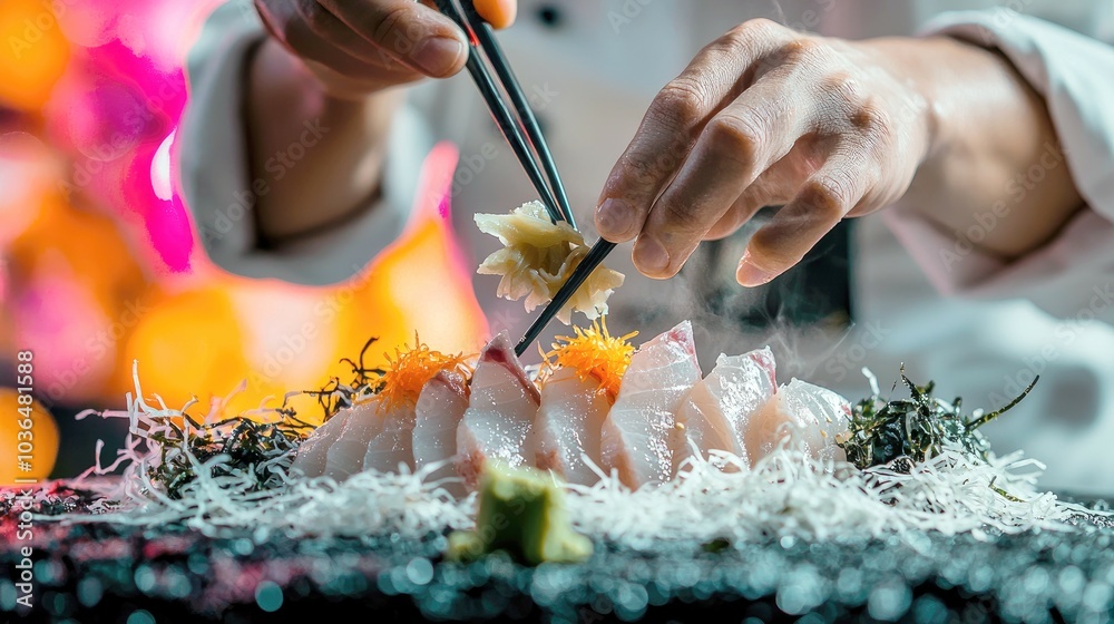 A chef carefully arranges a piece of raw fish with chopsticks on a plate of sashimi. A chef carefully arranges a piece of raw fish with chopsticks on a plate of sashimi.