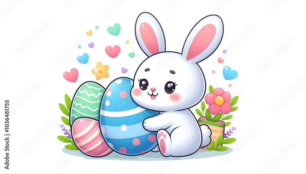 Fototapeta premium Cartoon image of an easter bunny and easter eggs 
