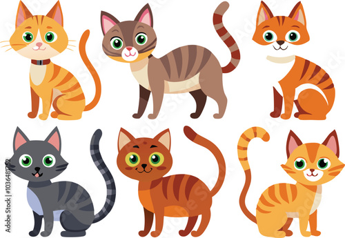 Six Adorable Cartoon Cats With Striped Fur