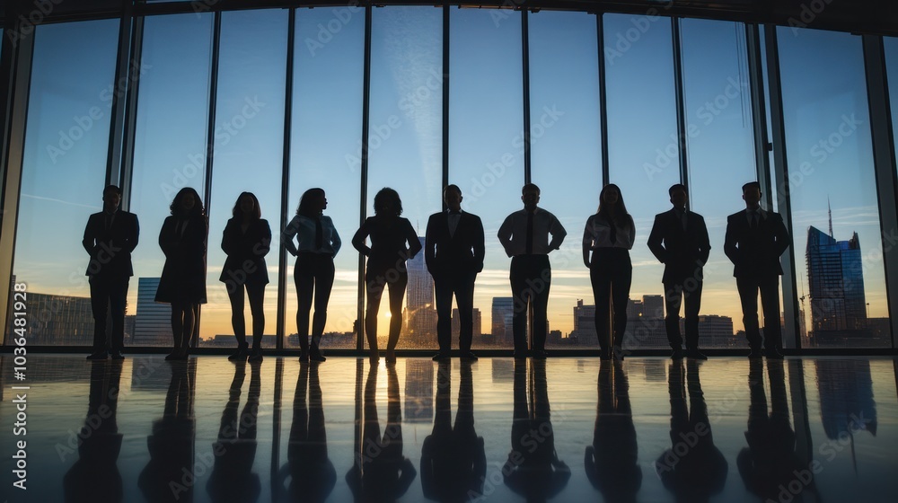 Silhouettes of a group of businesspeople standing in front of a large window with a city skyline in the background, Silhouettes of a group of businesspeople standing in front of a large window with a city skyline in the background,