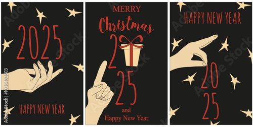 Simple 2025 New Year greeting postcard template design with Doodle hand drawn text hand and gift box. Minimal hand drawing style 2025 New Year and Christmas card cover print. Vector illustration EPS10