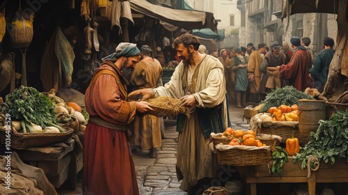Medieval market scene with two traders exchanging goods in a barter system. Vegetables and handmade tools in a lively marketplace setting. Historical trade concept for design and print.