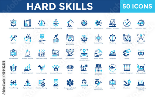 Hard Skills icon set with aerospace engineering, chemical engineering, robotics, biomedical engineering, material science, laboratory techniques, electronics repair icon. Simple flat vector 
