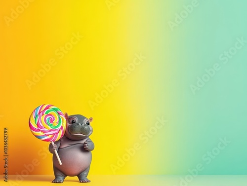 Sarcastic baby hippo holding a giant lollipop, vibrant 3D illustration, candycolored dream world background photo