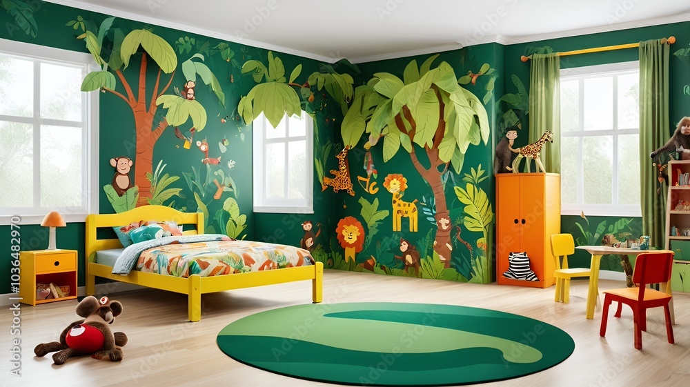 A playful and vibrant children’s room illustration, designed with a jungle theme A playful and vibrant children’s room illustration, designed with a jungle theme