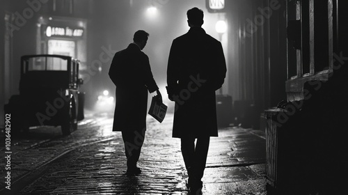 Two men walking down a dark cobblestone street at night in film noir style. Silhouettes, shadows, and fog create a tense, mysterious atmosphere. Crime and suspense concept for design and print.