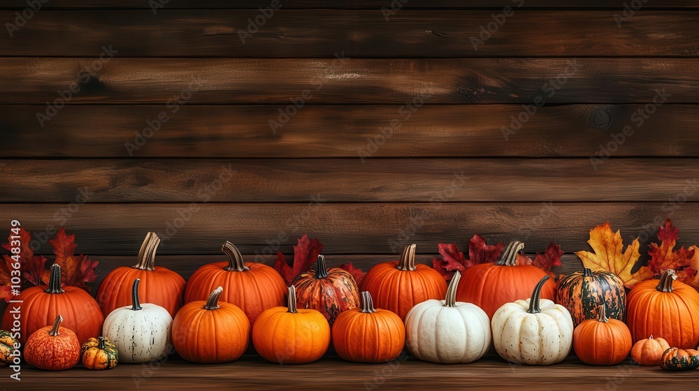 Autumn pumpkins and leaves on a rustic wooden background. Autumn pumpkins and leaves on a rustic wooden background.