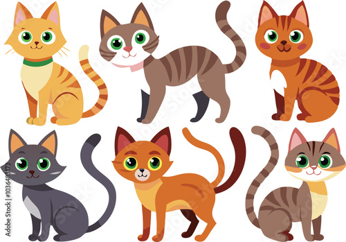 Six Adorable Cartoon Cats With Different Colors