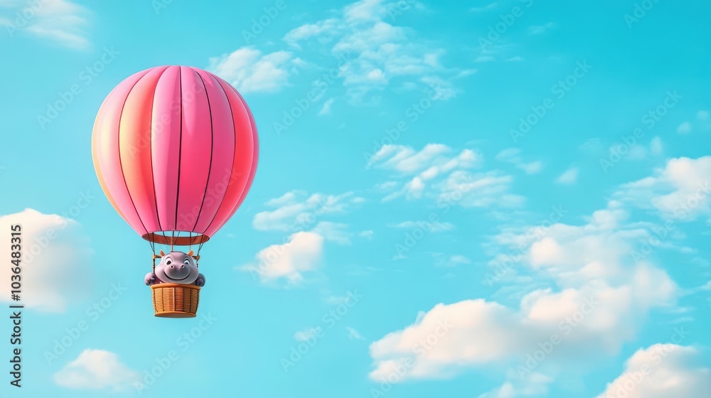 Naklejka premium Snarky baby hippo floating in a hot air balloon, 3D cartoon style with vibrant sky and clouds, playful expression