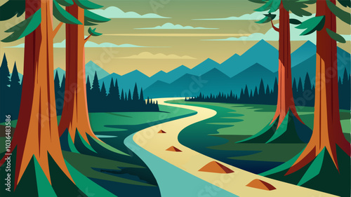 Towering redwood trees line the banks of the meandering river creating a breathtaking canopy over the fertile valley below.