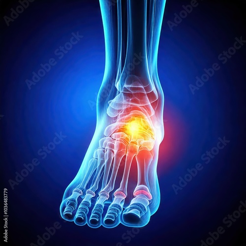 X-ray image of a human foot with highlighted joint pain area. front view.