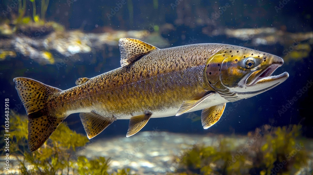 A close-up of a salmon swimming in a clear blue freshwater lake.