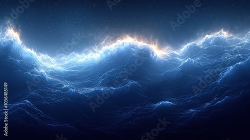 Majestic ocean waves illuminated by soft light during twilight, capturing the beauty of nature’s movement and tranquility