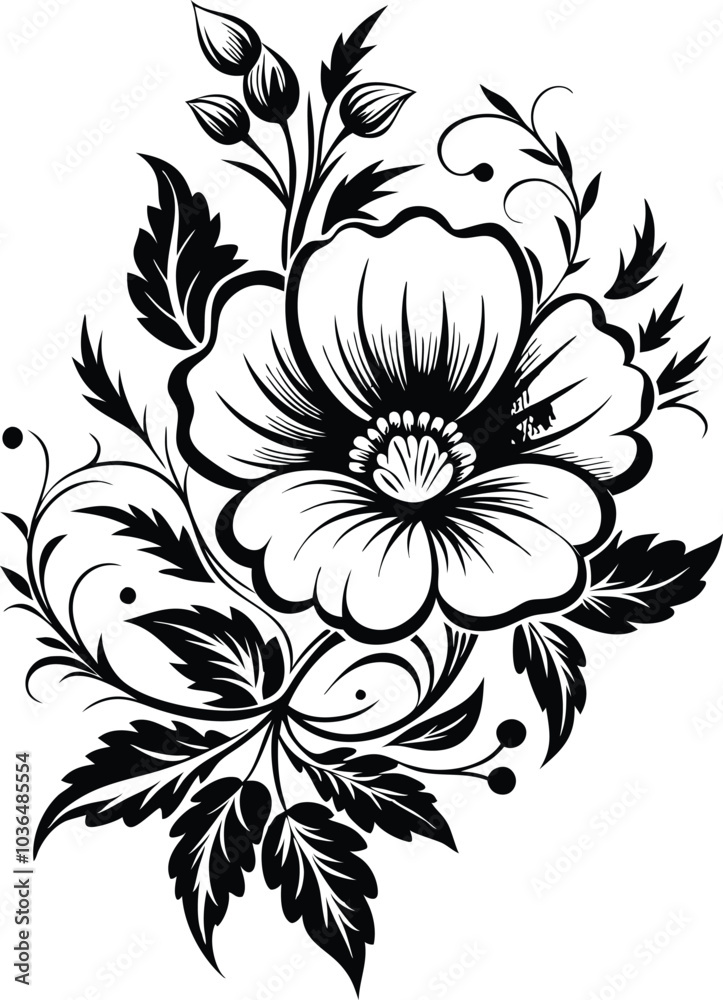 Floral tattoo design with poppy flowers, black ink on white, clean lines, vector illustration