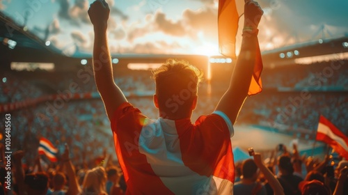 Fans waving flags at the stadium, Olympics, patriotism photo