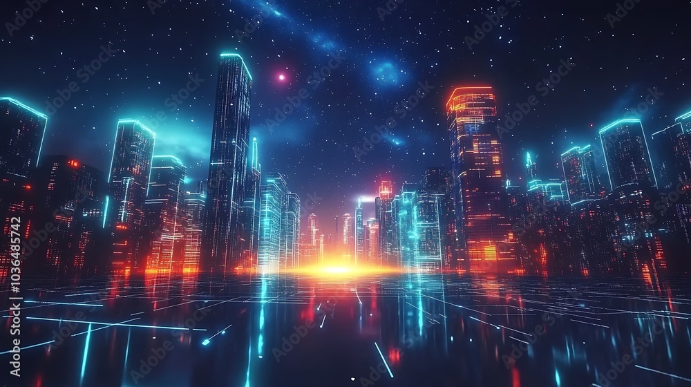 Obraz premium Neon Cityscape Under a Starry Sky