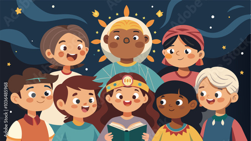 The childrens faces light up with wonder and admiration as they learn about their heritage and traditions through the words of the elders.. Vector illustration