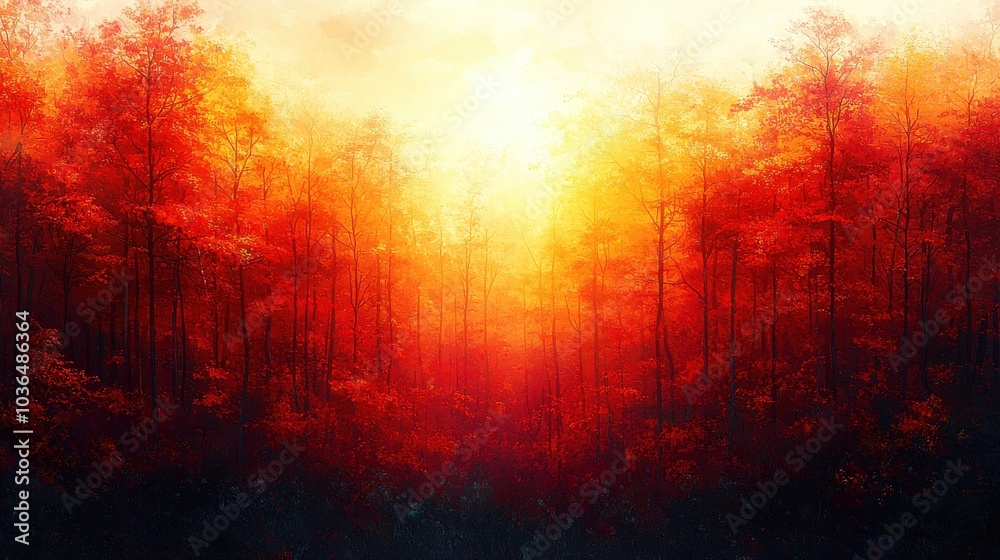 Obraz premium Golden sunlight filters through vibrant autumn trees in a peaceful forest setting during sunset