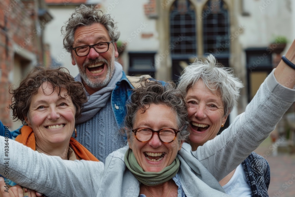 Group of happy senior friends having fun together in the old town. Group of happy senior friends having fun together in the old town.